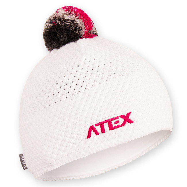 Pletená čepice KNIT bílá - šedo-růžová bambule